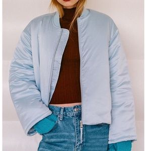 NWT UO Y2K Pastel Blue Dawn Satin Bomber Puffy Jacket/Coat